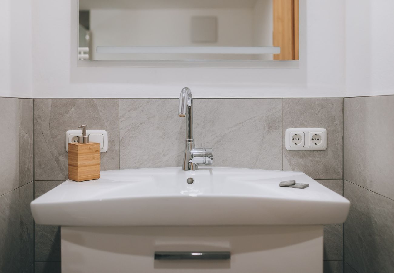 Bathroom in Apartments Haus Altenberger by we rent. Sink, soap, and mirror. Modern bathroom amenities.